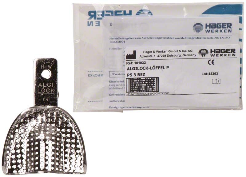 Metallischer perforierter Abformlöffel ALGILOCK®-LÖFFEL mit Verpackung.