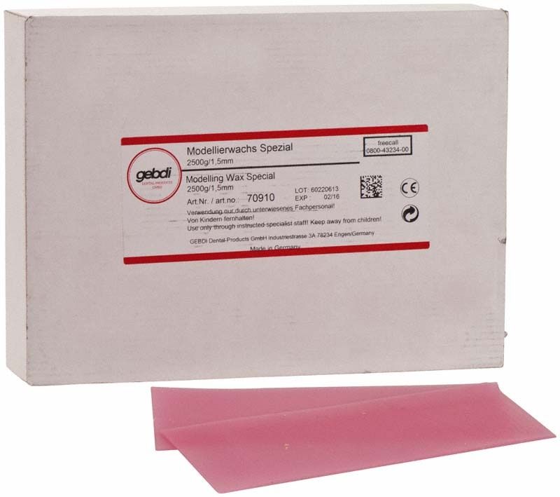 Modellierwachs Spezial 2500g, mittelharte Qualität, Verpackung mit rosa Wachsplatten.