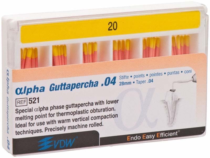 Alpha Guttapercha Spitzen Gr. 20/.04 in gelber Verpackung.