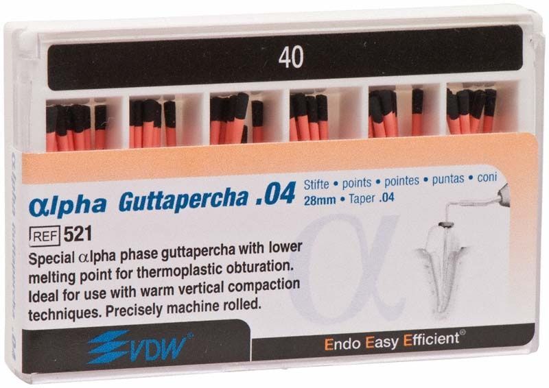 Alpha Guttapercha Spitzen Gr. 40/.04 in Verpackung von VDW.