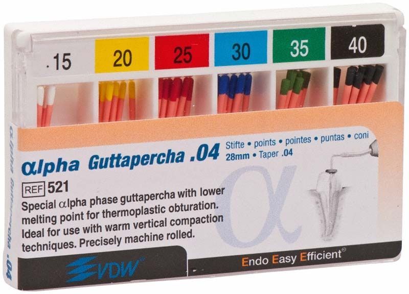 Alpha Guttapercha Spitzen Gr. 15-40/.04 in sortierter Verpackung.