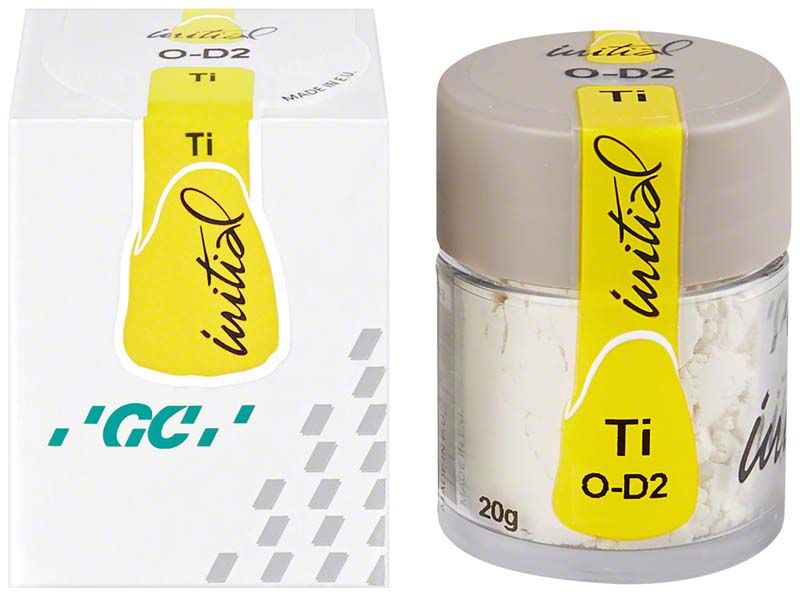GC Initial Ti Powder Opaque OD2 in Glasbehälter und Verpackung.