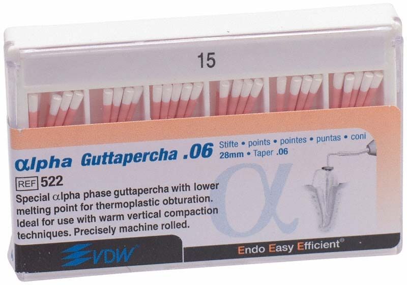 Alpha Guttapercha Gr. 15/.06 weiß in Kunststoffbox für thermoplastische Obturation.