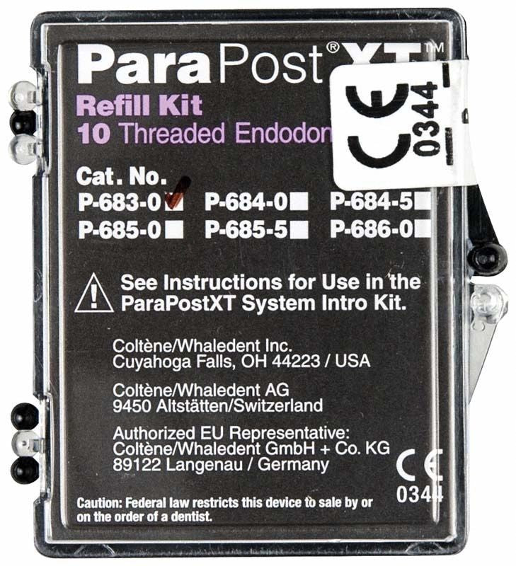 ParaPost® XT™ Titan-Wurzelstifte Refill Kit mit CE-Kennzeichnung und Produktinformationen.