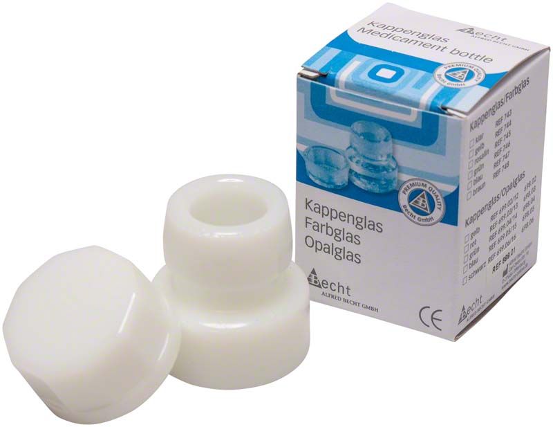 Kappenglas aus Opalglas mit Verpackung im Hintergrund.