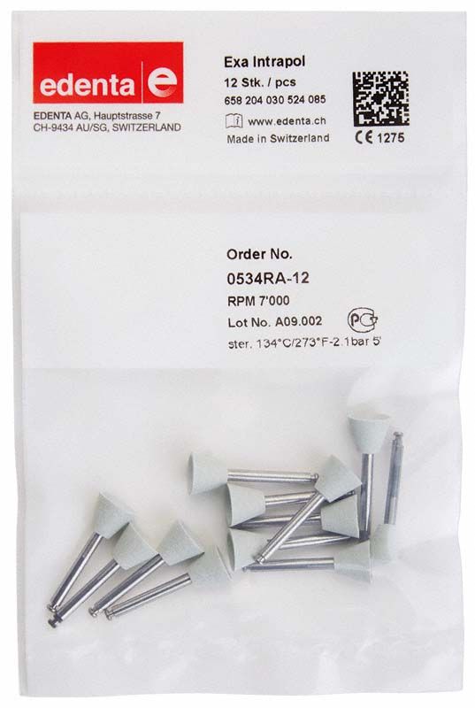 EXA Intrapol Uni Polierer 0534 weiß, 12er Packung, mit grauen Schleifaufsätzen.