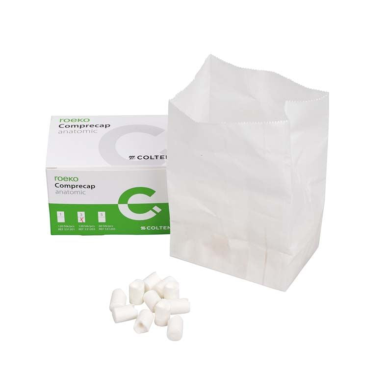 Verpackung und einzelne ROEKO Comprecap anatomic Kompressionshütchen für den dentalen Einsatz.