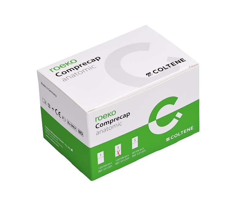Verpackung der ROEKO Comprecap anatomic Kompressionshütchen von COLTENE.