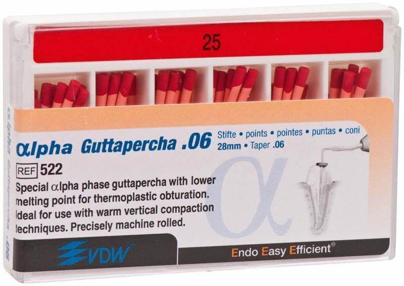 Alpha Guttapercha Gr. 25/.06 rot Spitzen im Aufbewahrungsetui.