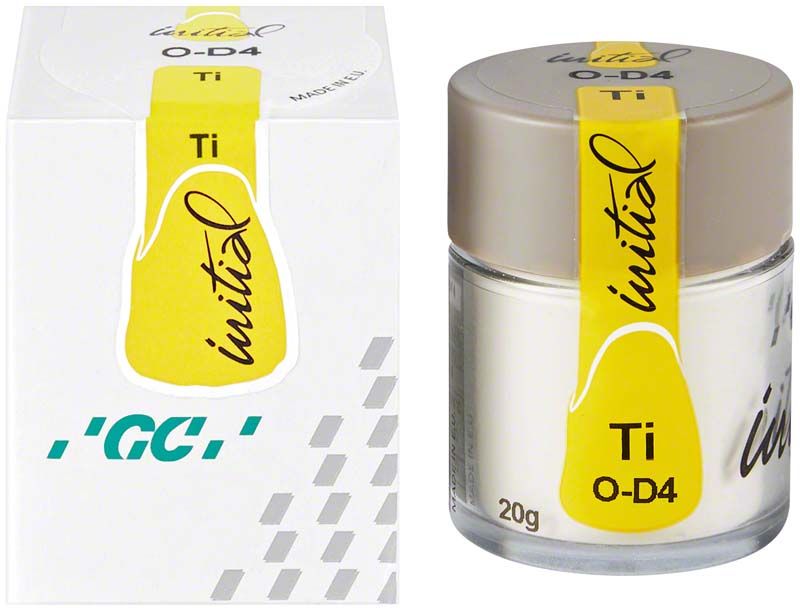 GC Initial Ti Powder Opaque OD4 in Glasbehälter mit gelbem Etikett.