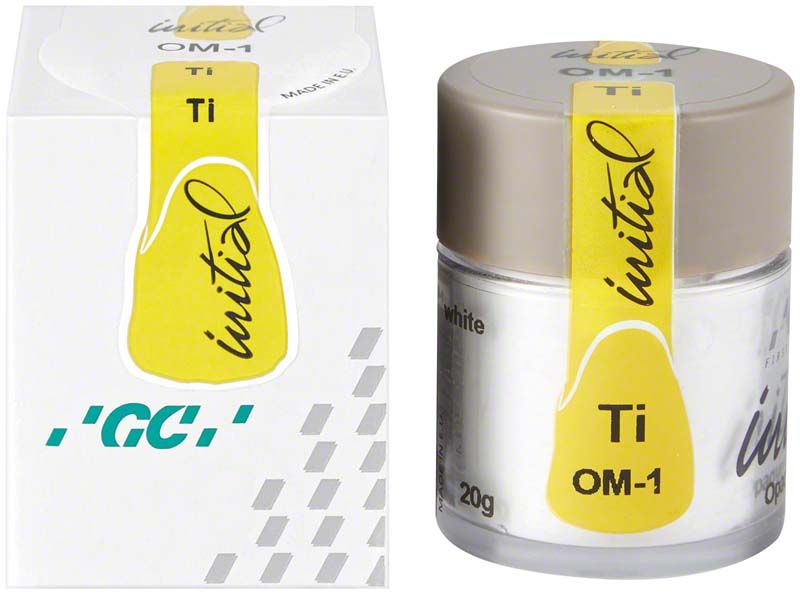 Glasbehälter mit GC Initial Ti Powder Opaque Modifier OM-1, gelbes Etikett.