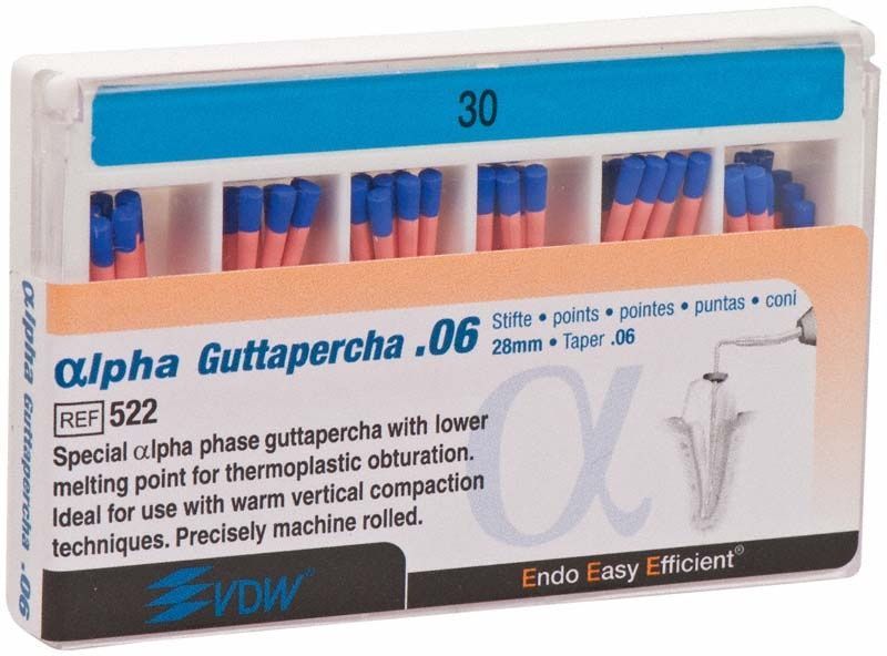 Alpha Guttapercha Spitzen Gr. 30/.06 in Verpackung.