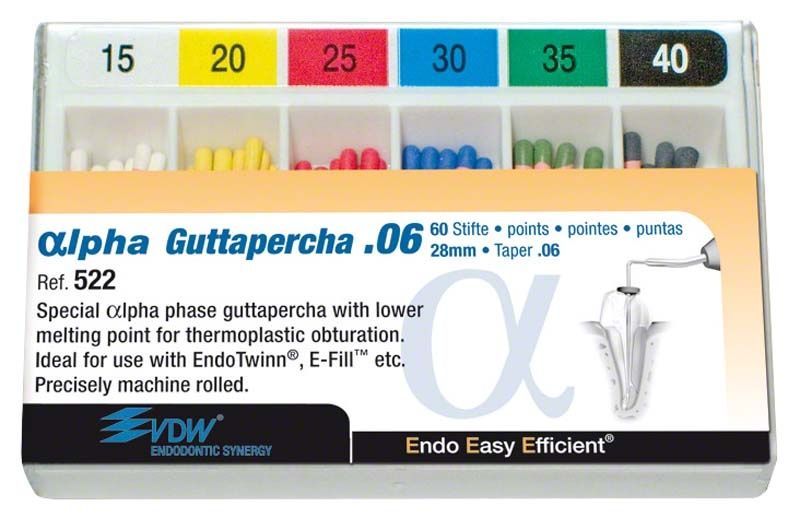 Alpha Guttapercha Spitzen Gr. 15-40/.06 in weiß-schwarz Verpackung.
