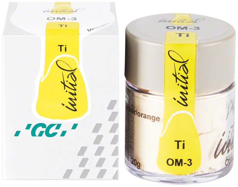 GC Initial Ti Powder Opaque Modifier OM-3 in transparentem Behälter mit gelbem Etikett.