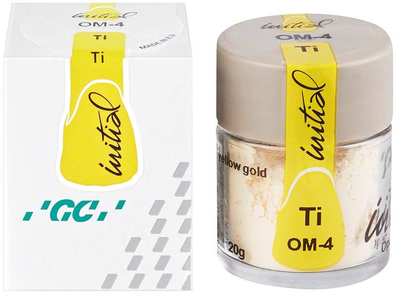 Glasbehälter mit GC Initial Ti Powder Opaque Modifier OM-4, beige Farbe.