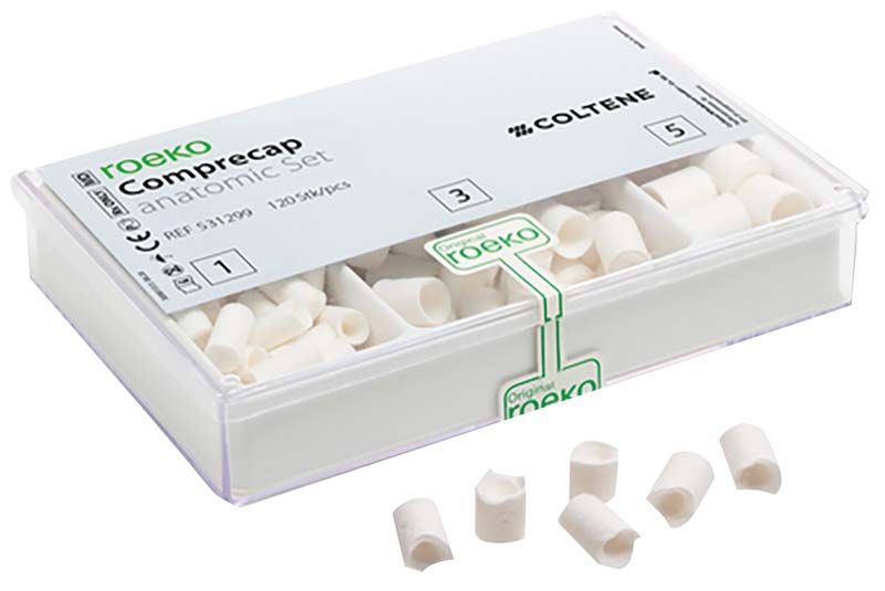 Roeko Comprecap anatomic Set in geöffneter Verpackung mit weißen Kompressionshütchen.