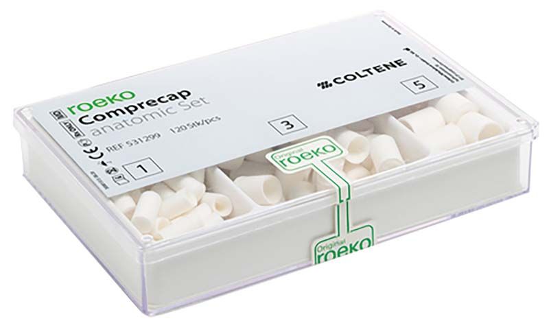 Roeko Comprecap anatomic Set in transparenter Verpackung mit weißen Kompressionshütchen.