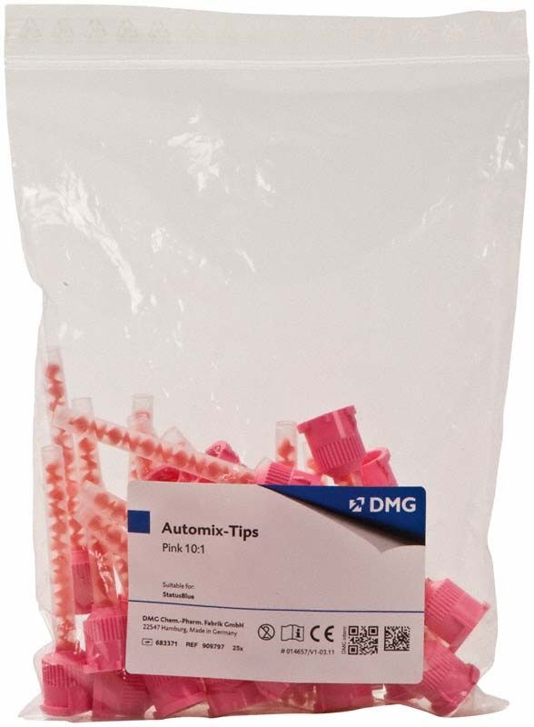 Automix-Tips 4:1 in pinker Farbe, 25 Mischkanülen im Beutel.
