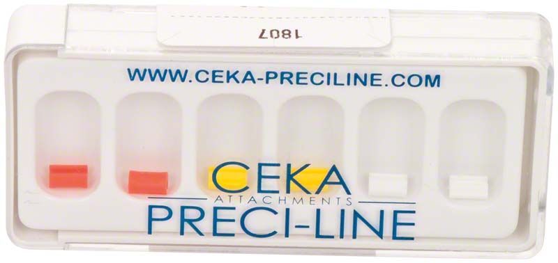 Transparente Aufbewahrungsbox mit sortierten PRECI-VERTIX-Matrizen von CEKA.