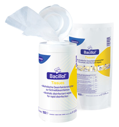 Bacillol Desinfektionstücher in geöffneter Spenderdose mit Verpackung im Hintergrund.