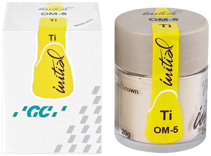 GC Initial Ti Pulver Opaque Modifier OM-5 in Verpackung und Glas.