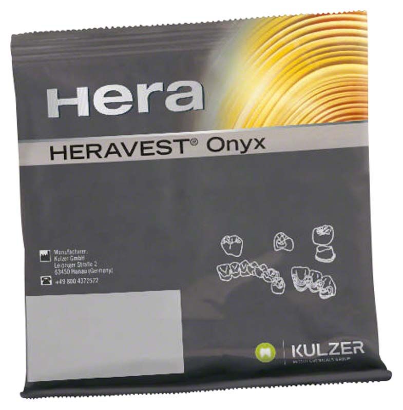 Heravest® Onyx Dental-Einbettmasse-Verpackung mit Zahntechnik-Symbolen.