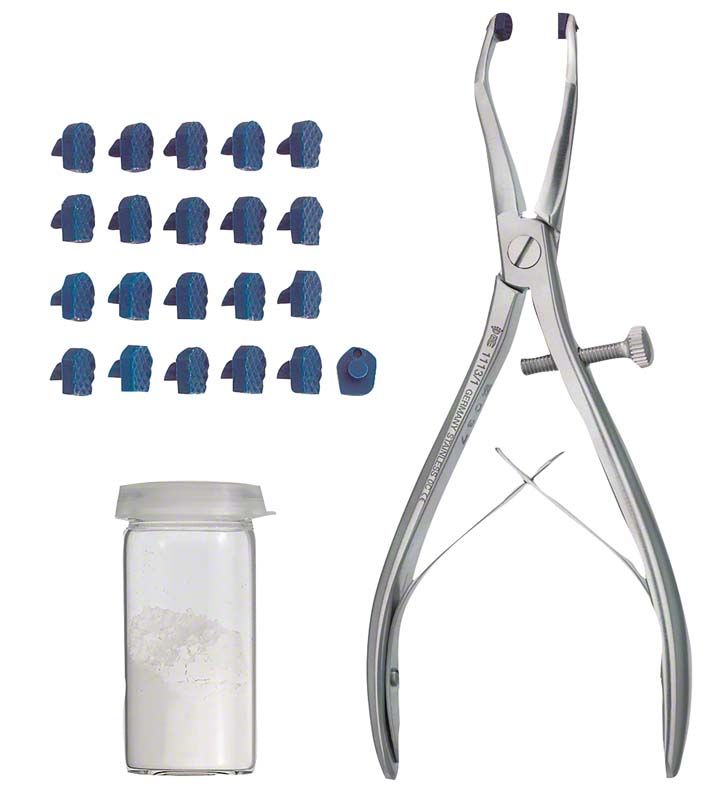 Kronenentferner-Set mit Zange, Aufsätzen und Pulver im Glasbehälter.