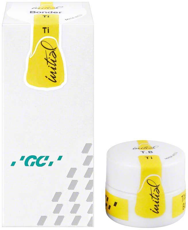 GC Initial Ti Bonder Pulver 4g in weißer Verpackung mit gelbem Etikett.
