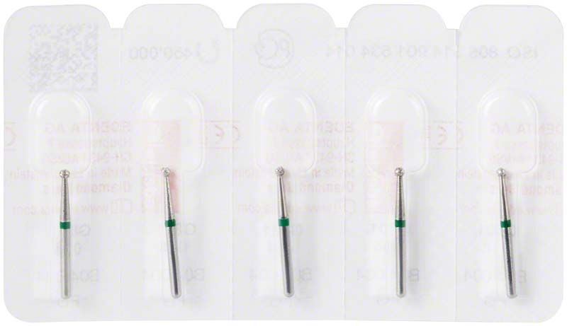 Diamantenschleifer FG 801G 014 mit grünem Ring in Blisterverpackung.