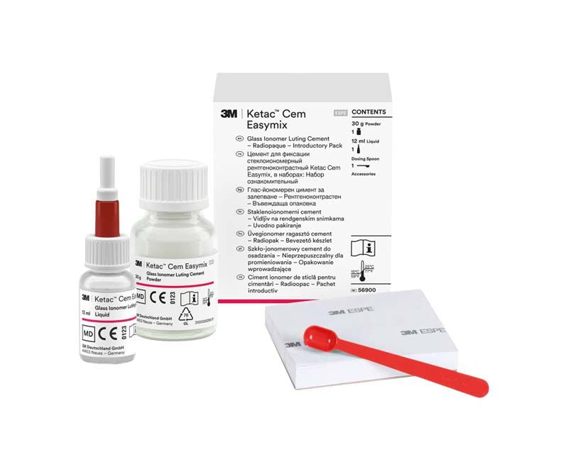 Ketac™ Cem Easymix Intro Kit mit Flaschen, Pulver und rotem Spatel.