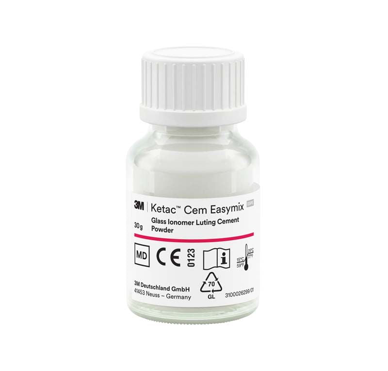 Ketac™ Cem Easymix Glasionomerzement Pulverflasche mit Etikett und CE-Zertifizierung.