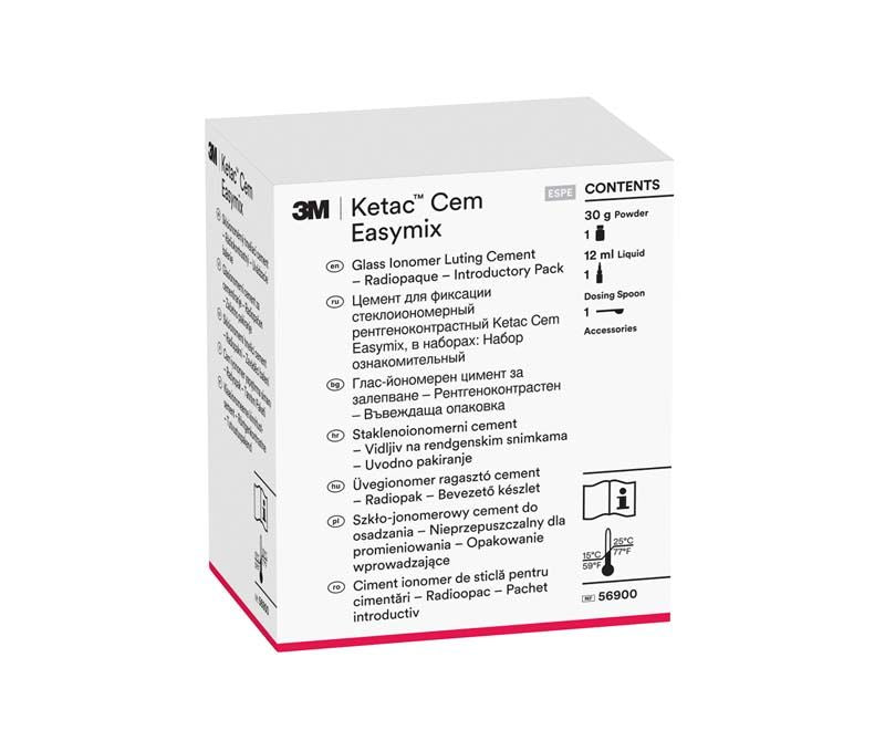 Ketac™ Cem Easymix Intro Kit Verpackung mit Inhaltsangaben und Dosierlöffel-Symbol.