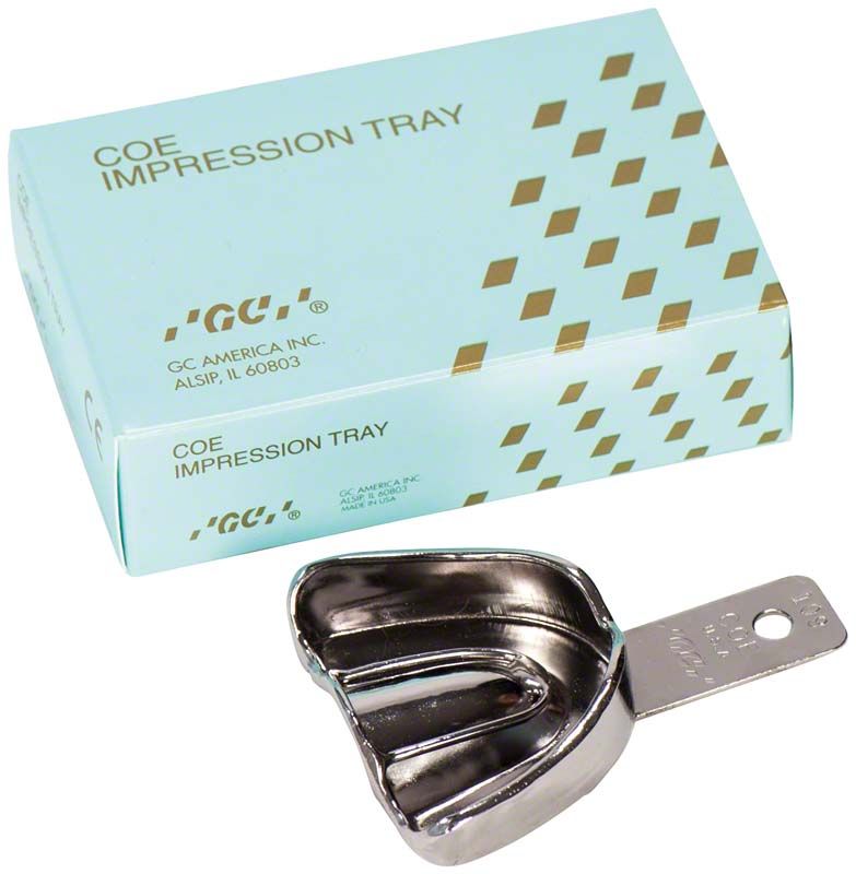 Unperforierter Metall-Löffel für zahnmedizinische Abdrücke mit Verpackung.