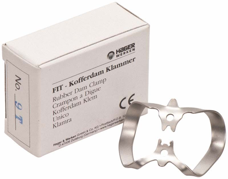 Fit-Kofferdam® T-Klammer 9T molar vor Verpackung auf weißem Hintergrund.