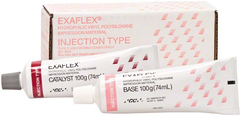 Exaflex® Injektionsmaterial, 74ml Basis und 74ml Katalysator, mit Verpackung.