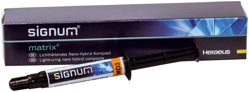 Signum® matrix® mamelon dentin MD3 Zahnarztkomposit in Spritzenform vor Verpackung.
