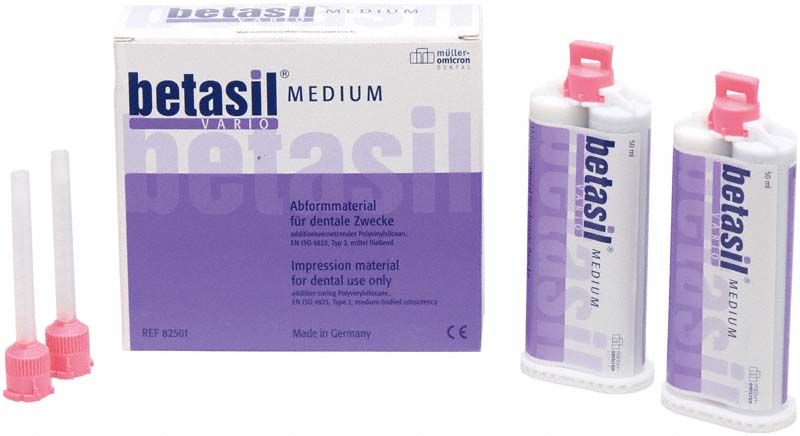 Betasil Vario medium Kartuschen mit Verpackung für zahnmedizinische Abformungen.