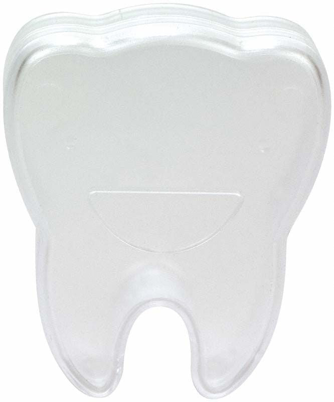 Transparente Zahnbox in Form eines Zahns für Kinder.