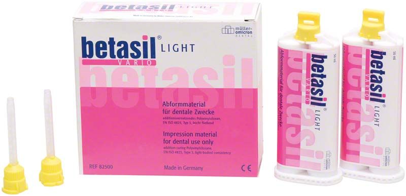 Betasil Vario light Kartuschen und Verpackung mit rosa und blauer Beschriftung.