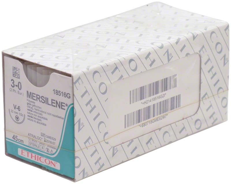 Mersilene 3/0 Nahtmaterial, Ethicon-Verpackung mit Sichtfenster.