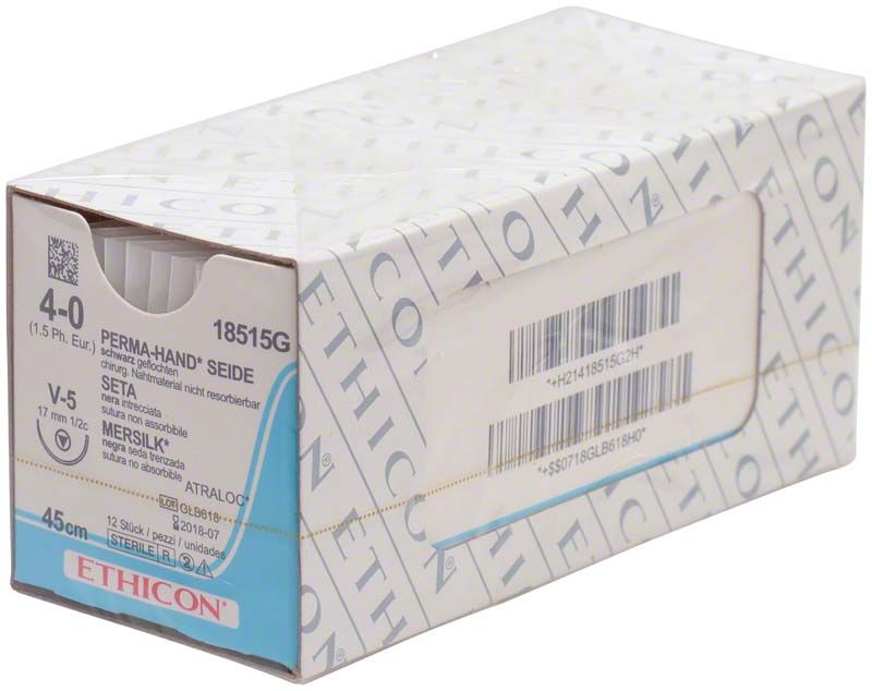 PERMA-HAND SEIDE 4/0 V5, chirurgisches Nahtmaterial von Ethicon in Verpackung.