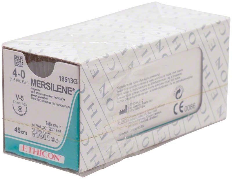 Verpackung von Mersilene 4/0 V5, chirurgisches Nahtmaterial von Ethicon.
