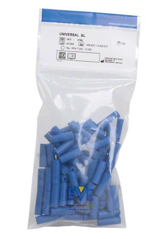 Transparente Verpackung mit blauen zylindrischen Wachsstiften, Aufschrift "UNIVERSAL BL".