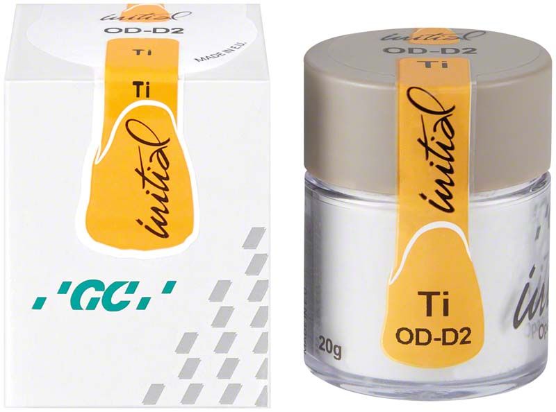Transparente Dose mit GC Initial Ti Opaque Dentin ODB3, gelbem Etikett.