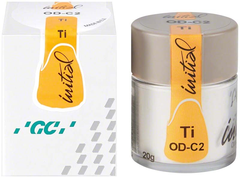 Glasfläschchen mit GC Initial Ti Opaque Dentin ODC2 und Verpackung.