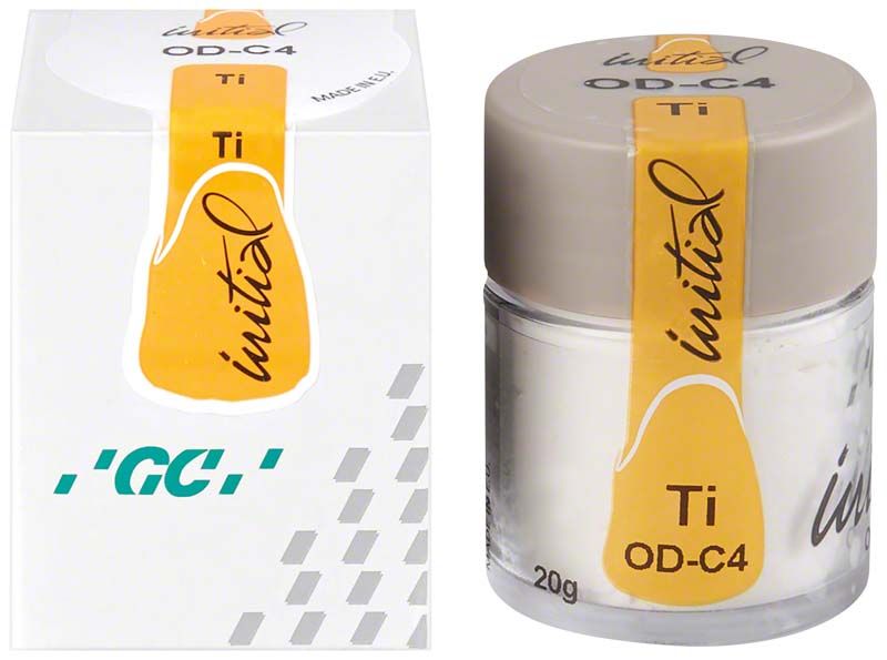 Behälter mit GC Initial Ti Opaque Dentin OD-C4, 20g, auf weißem Hintergrund.