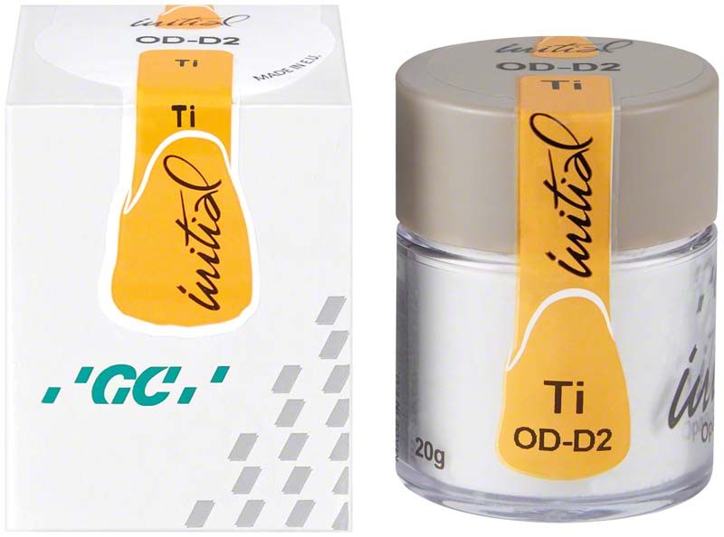 GC Initial Ti Opaque Dentin ODD2 in weißem Glasbehälter mit gelbem Etikett.