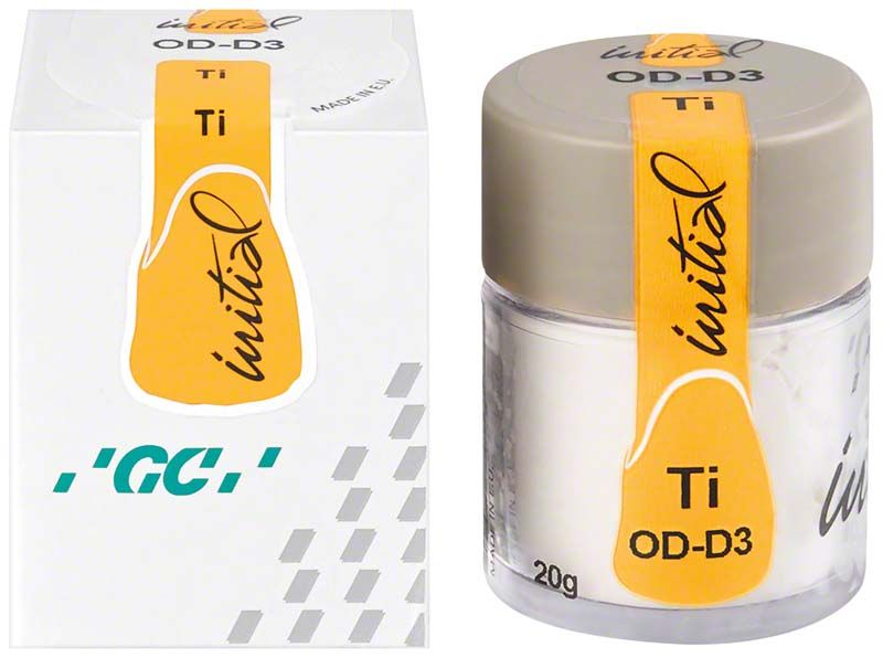 GC Initial Ti Opaque Dentin ODD3 in weißem Behälter mit Kartonverpackung.