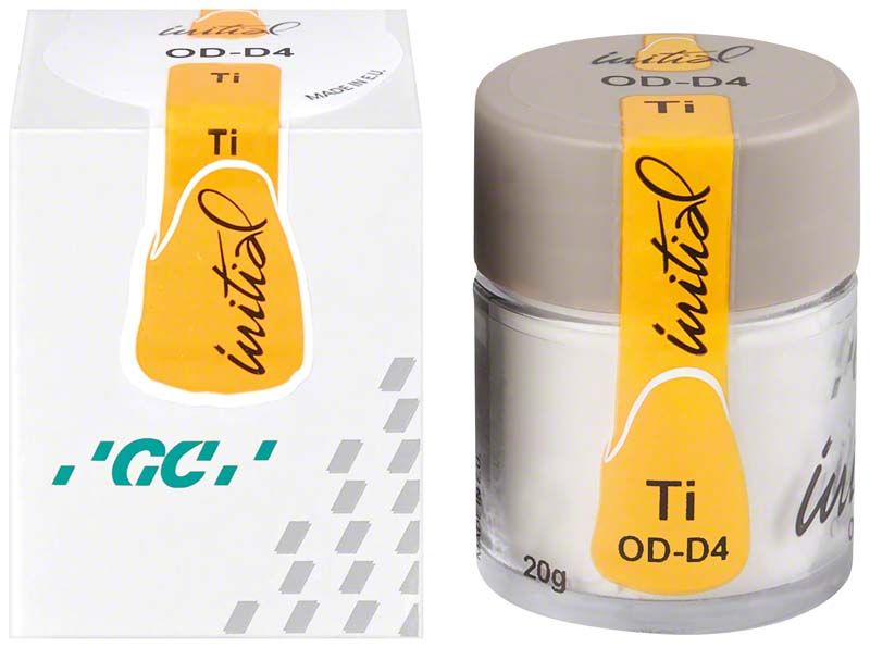 Glasbehälter mit GC Initial Ti Opaque Dentin ODD4 und Verpackung.