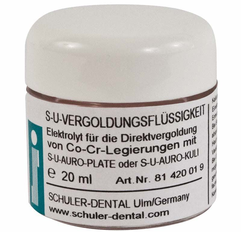 S-U-Vergoldungsflüssigkeit Tiegel 20 ml mit Etikett und Produktbeschreibung.
